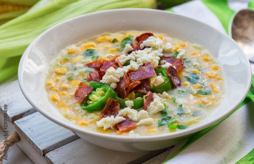 Corn soup with bacon, jalapeno, goat cheese and cilantro Corn soup with bacon, jalapeno, goat cheese and cilantro