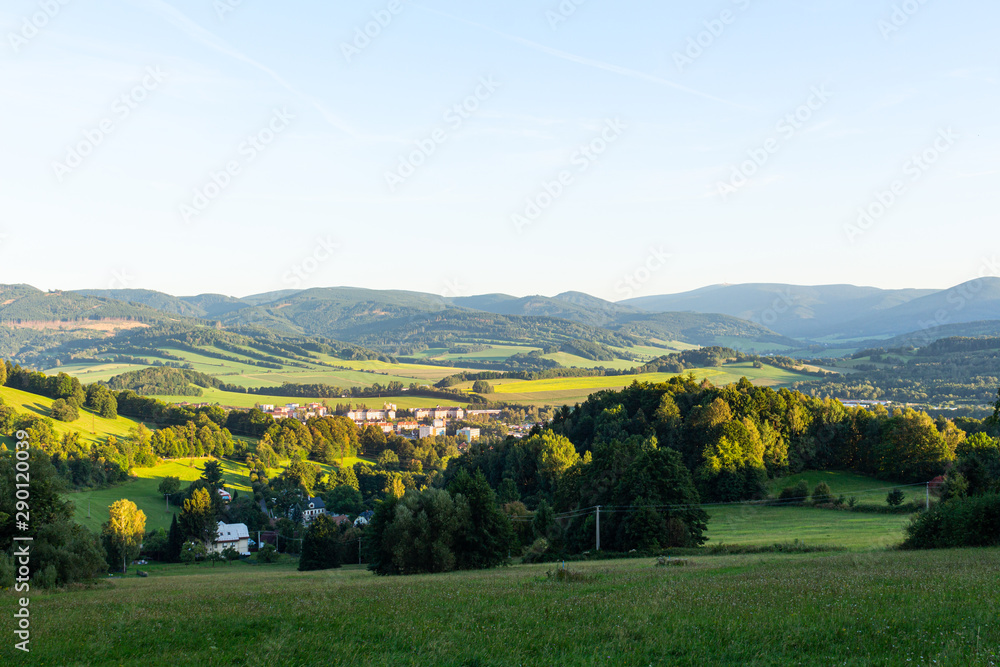Obraz premium Landscape with pine forests in the mountains in summer