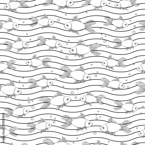 Beautiful vector seamless pattern with abstract fishes on a white background.