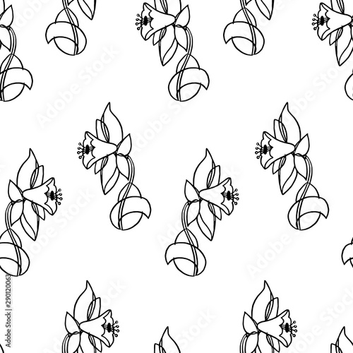 Beautiful seamless pattern with flowers on a white isolated background. Vector black and white illustration. Design suitable for fabric, wallpaper, wrapping paper, posters.