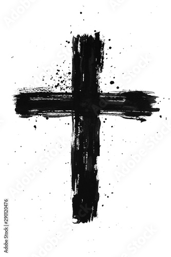Fotografering Hand painted black ink cross with brush stroke texture and splatter