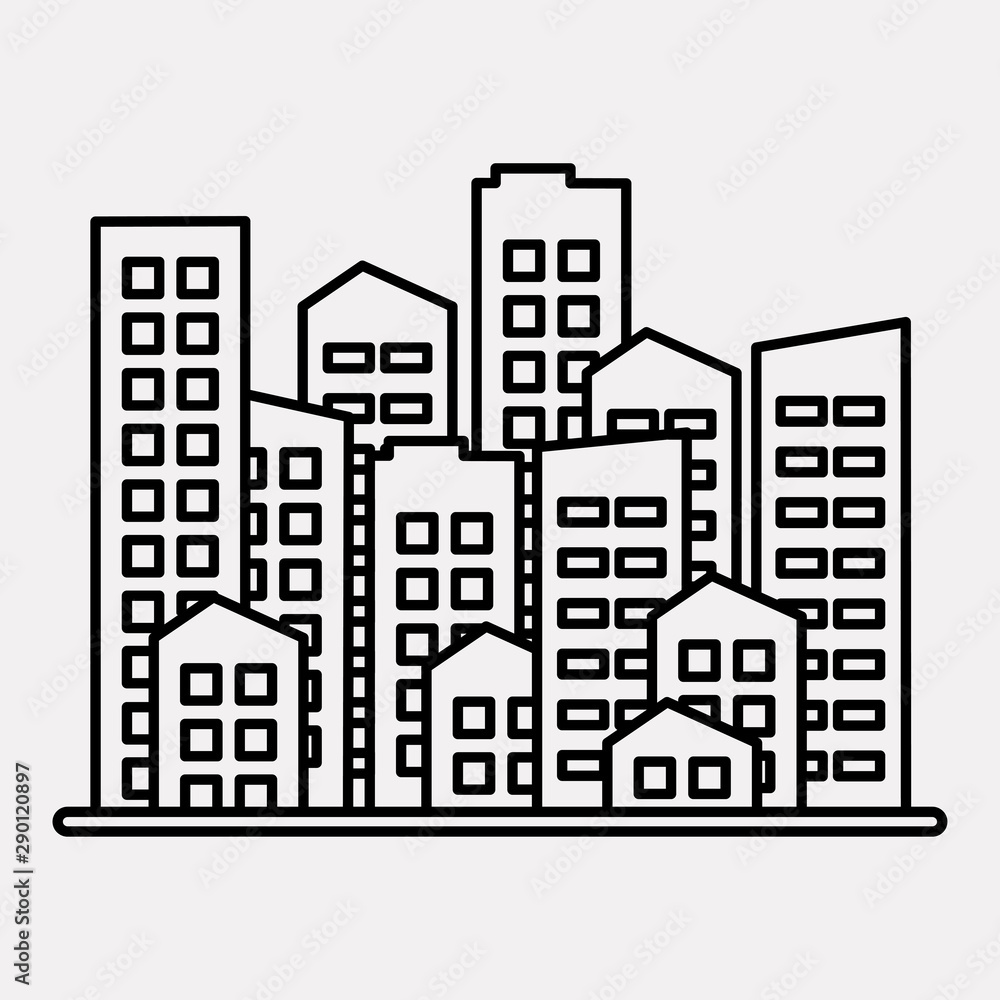 Cityscape. City modern buildings, housing district, town homes. Black outline design on gray background. Vector illustration