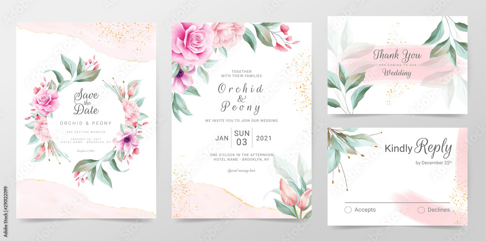 Elegant wedding invitation cards template with watercolor floral decoration. Floral frame and golden watercolor textured background