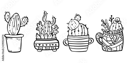 Cacti blooming with spikes. Coloring page for children and adults. - Vector. Vector illustration