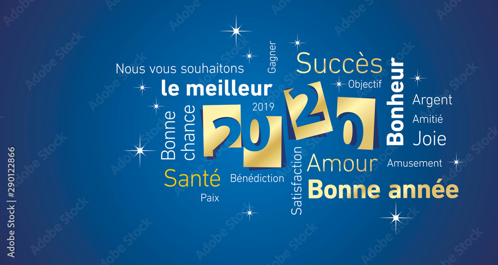 Happy New Year 2020 negative space French cloud text gold white blue vector - obrazy, fototapety, plakaty 