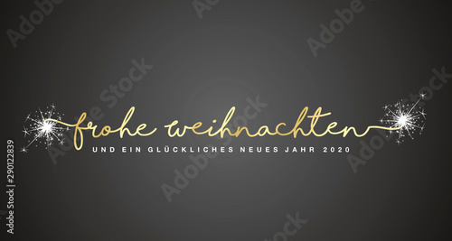 Merry Christmas and Happy New Year 2020 German language handwritten lettering tipography sparkle firework gold white black background