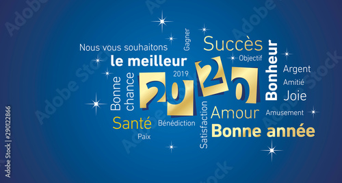 Happy New Year 2020 negative space French cloud text gold white blue vector