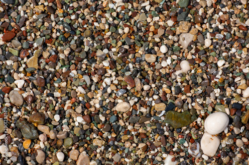 Stones texture. Background the damp multi-colored pebbles close up soft focus from on the pebbly beach in cloudy weather.