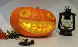 beautiful carved pumpkin, decorated with black berries, beautiful yellow teeth, big mouth, illuminated
