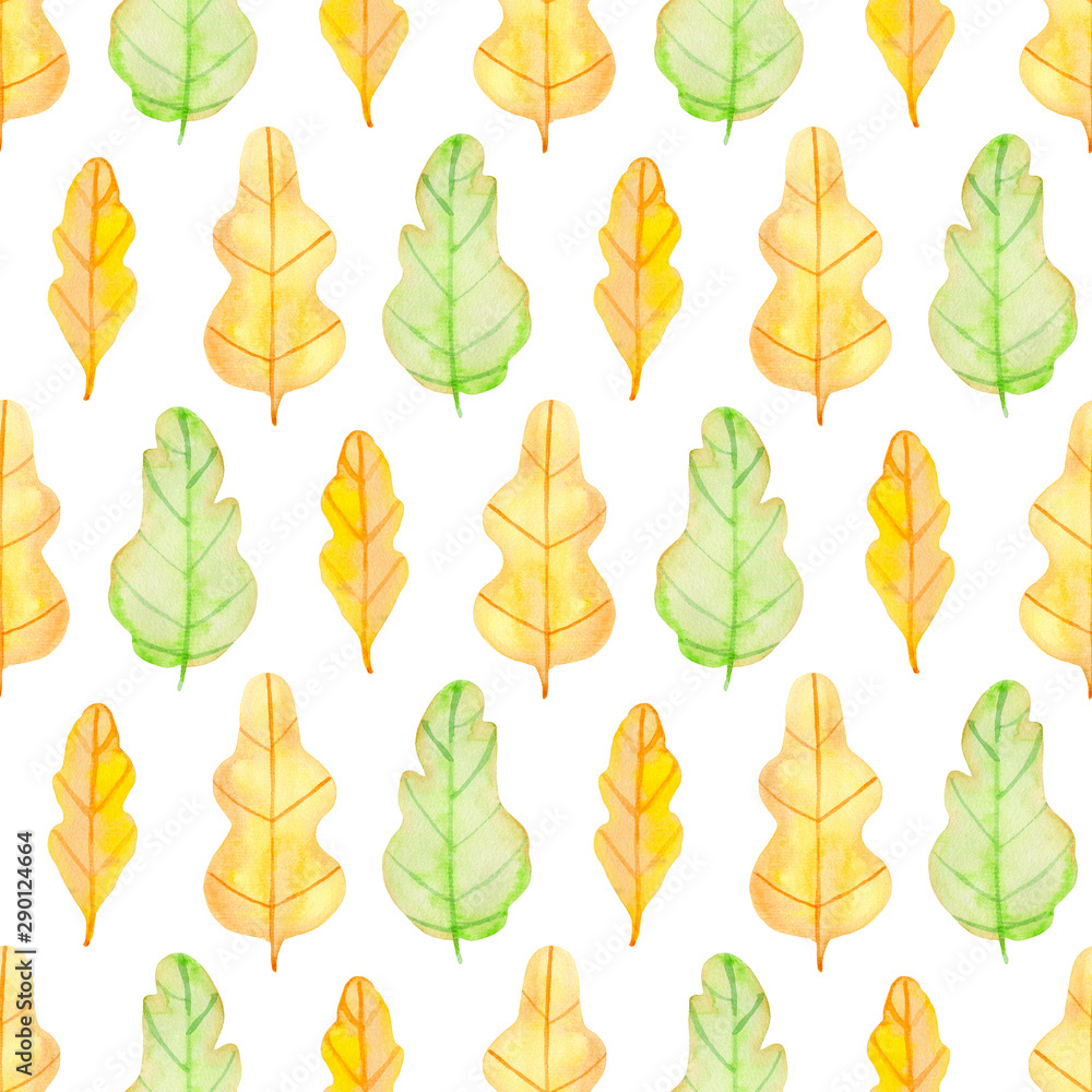 Pattern with green and yellow oak leaves Pattern with green and yellow oak leaves