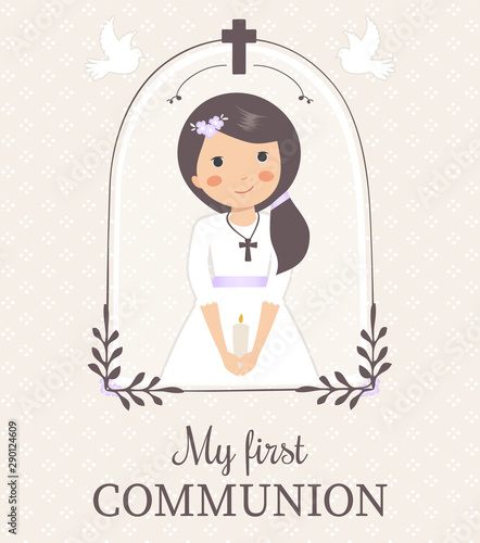 Lovely girl for First Communion. Girl with pigeons and cute frame