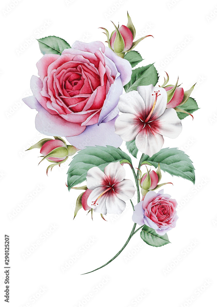 Fototapeta premium Watercolor bouquet with flowers and leaves. Illustration. Hand drawn.