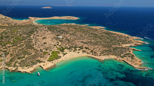 Aerial drone photo of iconic breathtaking turquoise sandy beach of Platia Pounta or Italida in famous island of Koufonissi, Small Cyclades, Greece