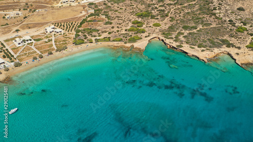 Aerial drone top view photo of beautiful volcanic rocky seascape with turquoise waters  Koufonisi island  small Cyclades  Greece