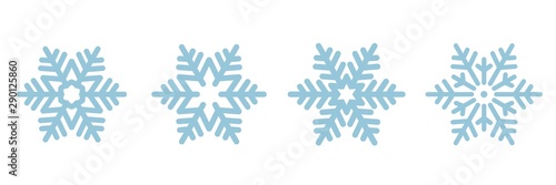 Set of 4 decorative blue snowflakes. Snowflakes icon. Vector illustration isolated on white background.