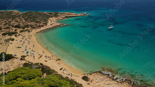 Aerial drone photo of iconic breathtaking turquoise sandy beach of Platia Pounta or Italida in famous island of Koufonissi, Small Cyclades, Greece