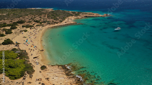 Aerial drone photo of iconic breathtaking turquoise sandy beach of Platia Pounta or Italida in famous island of Koufonissi, Small Cyclades, Greece © aerial-drone