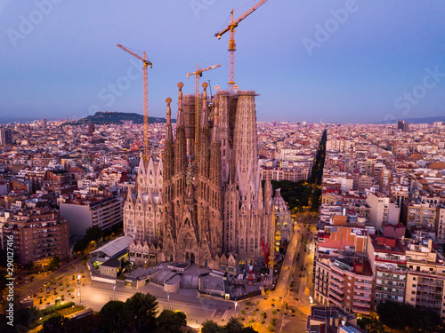 Barcelona, Spain - June 13, 2019: Night view from dorne of the famous Spanish landmark - temple Sagrada familia