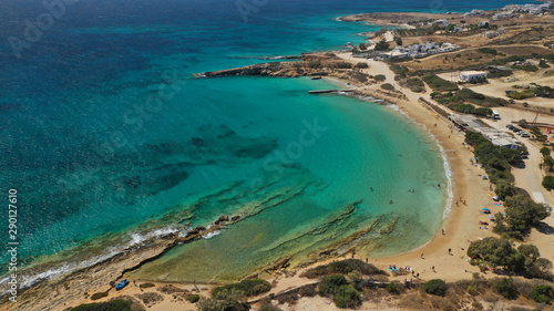 Aerial drone top view photo of beautiful volcanic rocky seascape with turquoise waters, Koufonisi island, small Cyclades, Greece