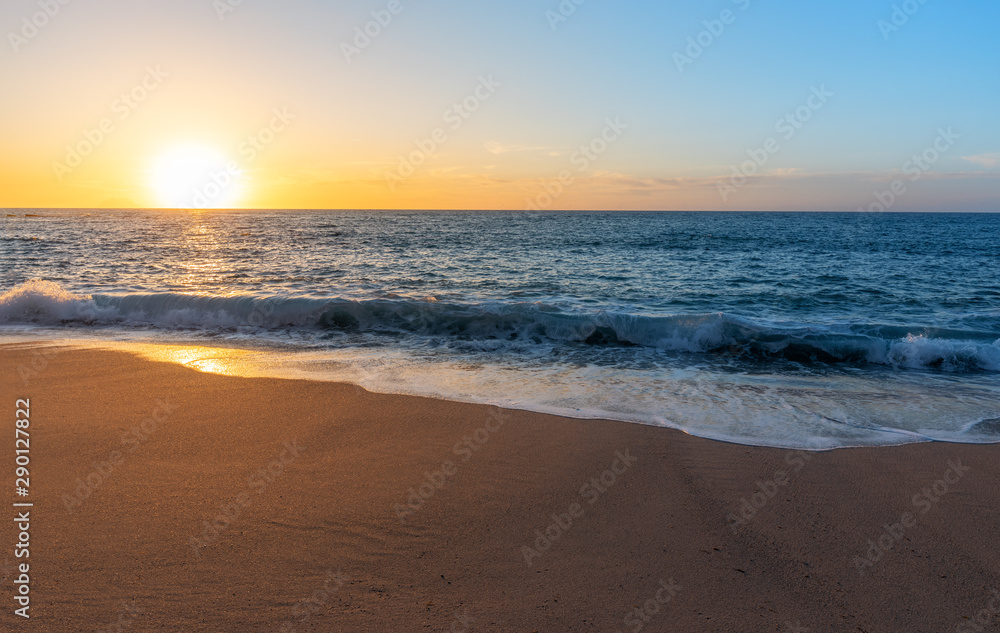 Sea sand and sky at sunset - horizontal background banner. Summer background with evening beach at sunset with waves, clouds - Seaside view poster