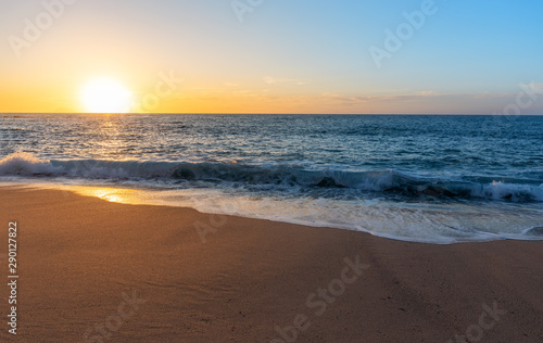 Sea sand and sky at sunset - horizontal background banner. Summer background with evening beach at sunset with waves, clouds - Seaside view poster