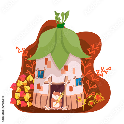 Hamster with spikelet stands on the threshold of the house with a roof of leaves on the background of autumn fairy plants. Flat style. Vector