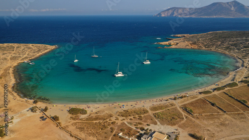 Aerial drone photo of paradise round turquoise sandy beach of Pori in famous island of Koufonissi  Small Cyclades  Greece