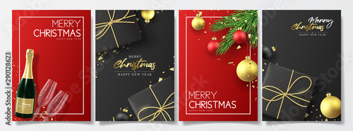 Merry Christmas and Happy New Year posters. Set of holiday flyers with realistic gift boxes, champagne bottle, Christmas balls, golden confetti and fir-tree branches. Festive vector illustration.