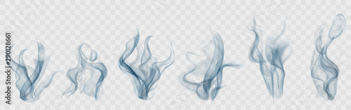 Set of realistic transparent smoke or steam in light blue colors, for use on light background. Transparency only in vector format