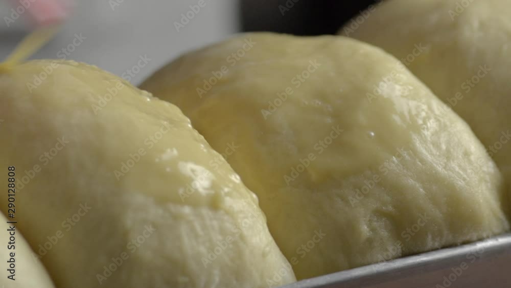 Close up of brushing egg wash on risen Brioche dough in a tin mold. Close up of brushing egg wash on risen Brioche dough in a tin mold.