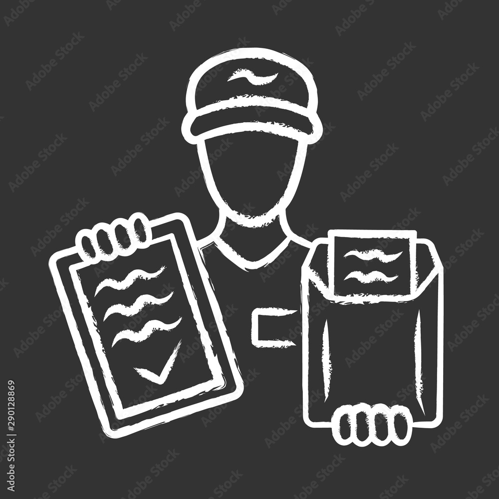Document delivery chalk icon. Express courier service. Postman, deliveryman holding clipboard with invoice. Parcel, small package delivering. Fast shipping. Isolated vector chalkboard illustration