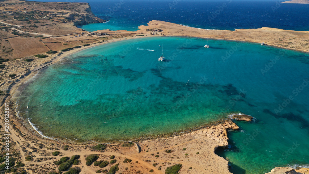 Aerial drone photo of paradise round turquoise sandy beach of Pori in famous island of Koufonissi, Small Cyclades, Greece