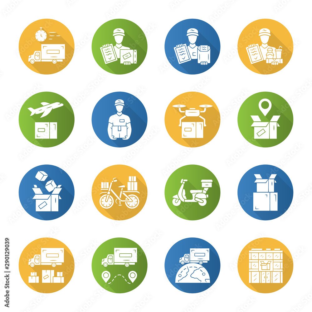 Delivery flat design long shadow glyph icons set. Express goods shipping. Logistics and distribution industry. Cargo, freight shipment. Courier postal service. Vector silhouette illustration Delivery flat design long shadow glyph icons set. Express goods shipping. Logistics and distribution industry. Cargo, freight shipment. Courier postal service. Vector silhouette illustration