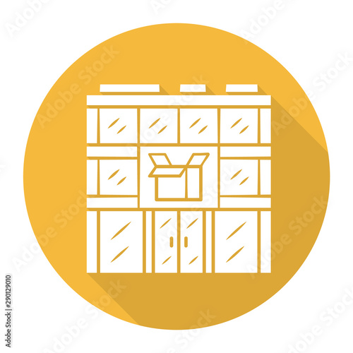 Post office building yellow flat design long shadow glyph icon. Postal warehouse facilities. Delivery office. Order shipping. Shipment service. Parcel storage. Vector silhouette illustration