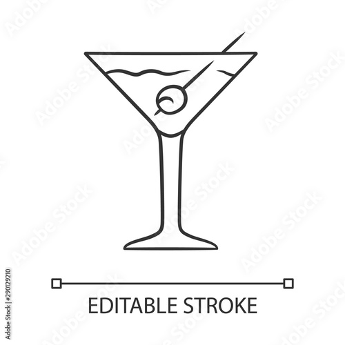 Martini linear icon. Footed glass with drink and olive. Cocktail with gin, vermouth. Tumbler with mixed drink. Thin line illustration. Contour symbol. Vector isolated outline drawing. Editable stroke