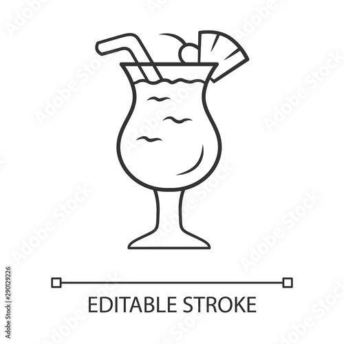 Pina colada linear icon. Footed glass with drink, slice of fruit and straw. Alcohol beverage. Thin line illustration. Contour symbol. Vector isolated outline drawing. Editable stroke