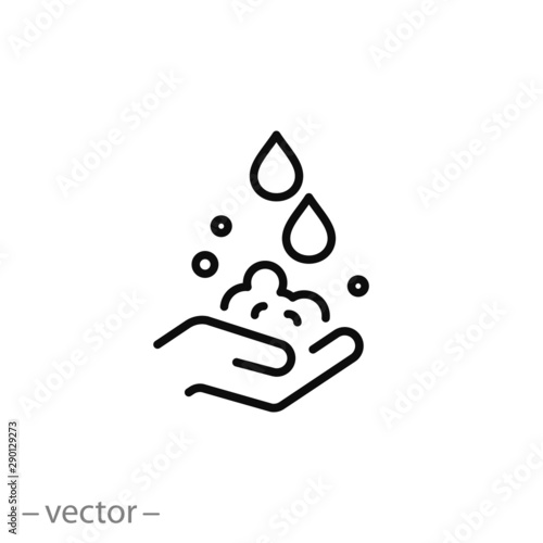 wash hands icon, foam soap on hand, thin line web symbol on white background - editable stroke vector illustration eps10