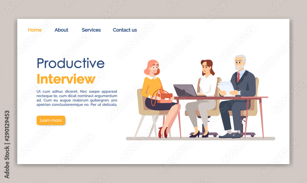 Productive interview landing page vector template. Headhunting, recruitment website interface idea with flat illustrations. Hiring staff homepage layout. HR agency web banner, webpage cartoon concept Productive interview landing page vector template. Headhunting, recruitment website interface idea with flat illustrations. Hiring staff homepage layout. HR agency web banner, webpage cartoon concept