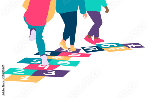 Closeup of kids feet jumping and playing hopscotch in school yard. Vector illustration