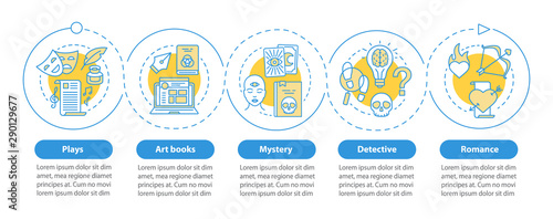 Books catalogue vector infographic template. Business presentation design elements. Data visualization with 5 steps and options. Process timeline chart. Workflow layout with linear icons