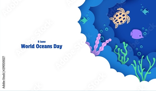 World Oceans Day 8 June. Paper craft depth under water sea cave with fishes, coral reef, seabed in algae, waves. Diving concept, deep blue marine life. Vector sea wildlife