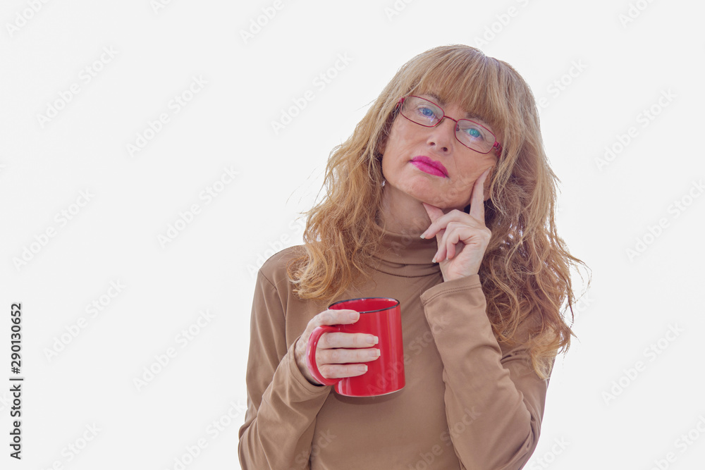 adult woman with coffee cup isolated on white background adult woman with coffee cup isolated on white background