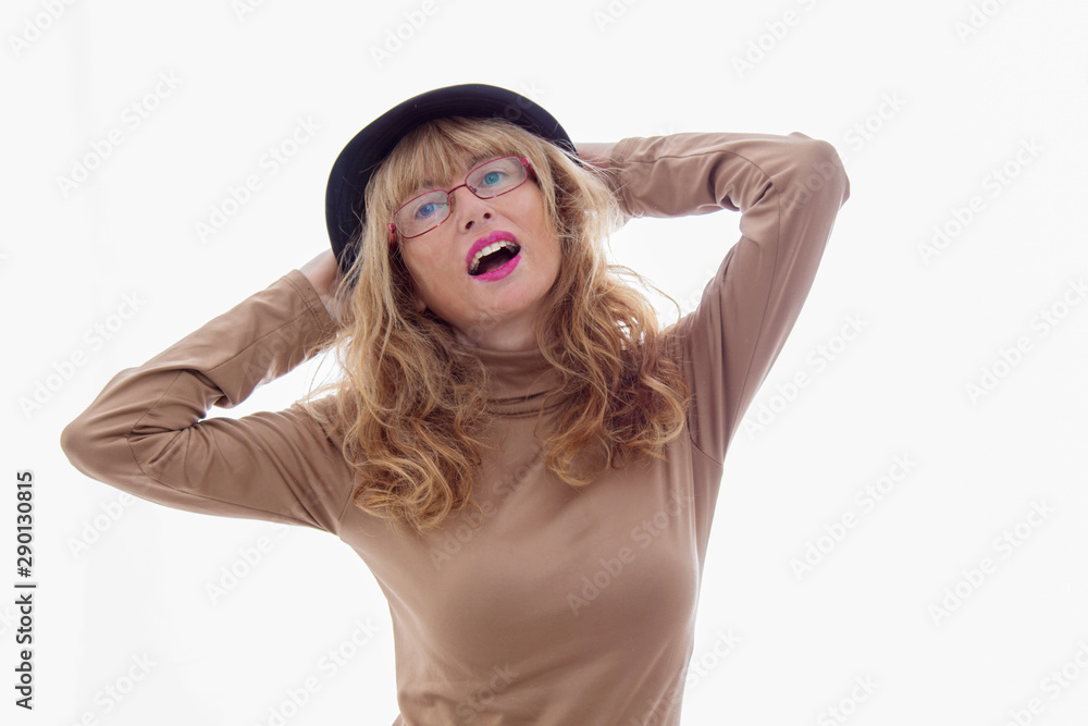 portrait of adult woman with hat isolated on white background portrait of adult woman with hat isolated on white background