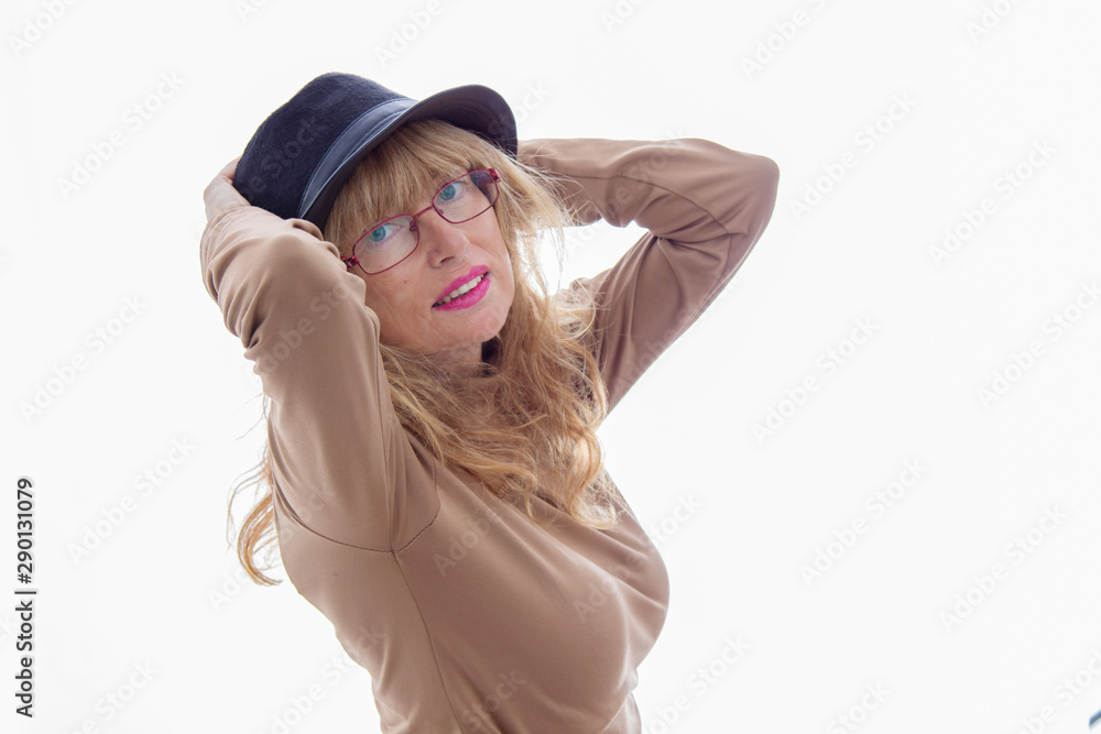 portrait of adult woman with hat isolated on white background portrait of adult woman with hat isolated on white background