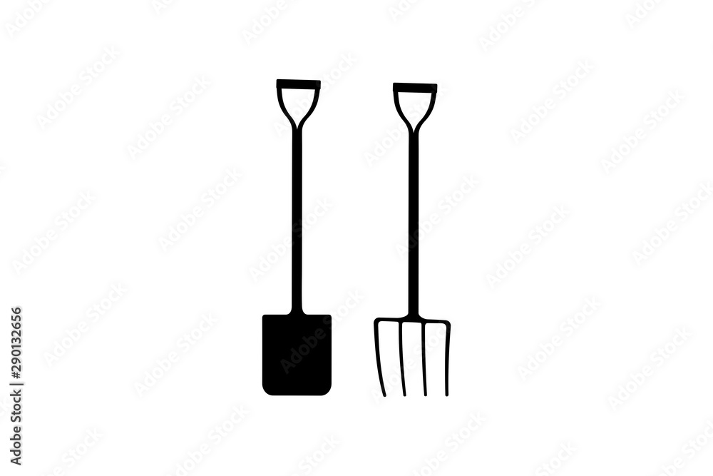 Vector illustration of a pitchfork and shovel. Gardening tools silhouettes. Vector illustration of a pitchfork and shovel. Gardening tools silhouettes.