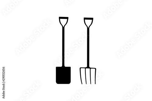 Vector illustration of a pitchfork and shovel. Gardening tools silhouettes.