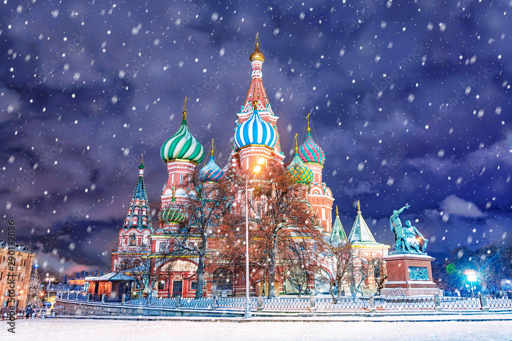 Saint Basil's Cathedral in Red Square in winter at night, Moscow, Russia.