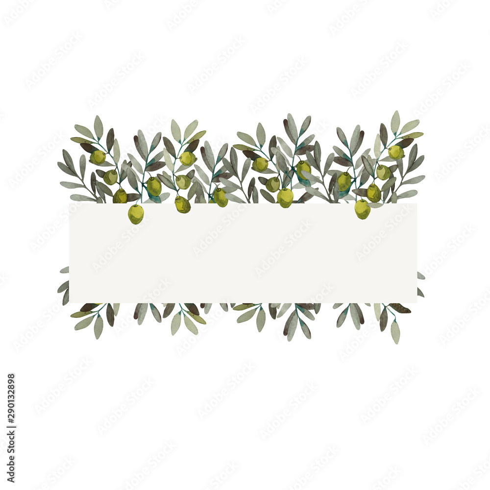 Watercolor illustration frame of olive branches with green fruits hand-drawn with watercolor paints. Suitable for all types of design.