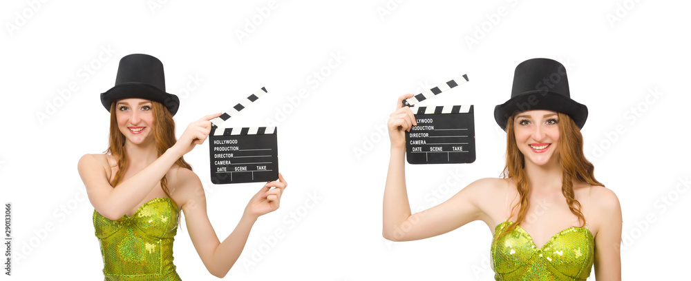Woman with movie clapboard isolated on white