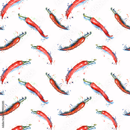 Seamless pattern with red chillies with shadow on a white background. Hand painted in watercolor.